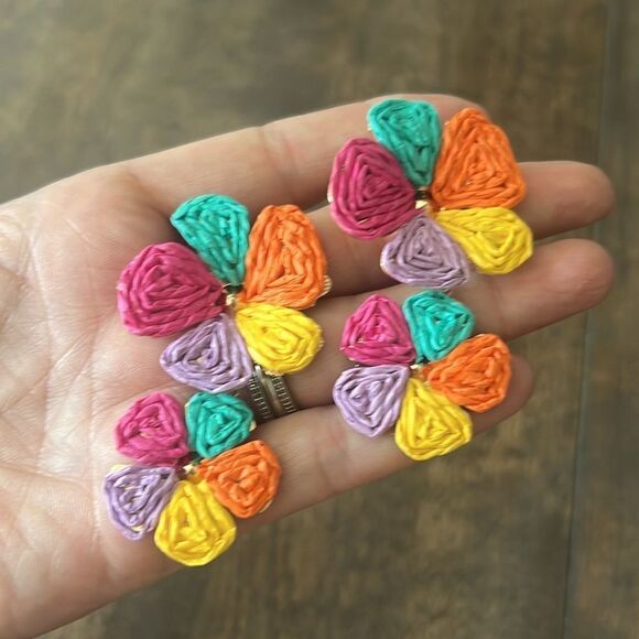 Flower Drop Earrings Floral Raffia Boho Statement Dangle Trendy Cute Earrings - Picture 7 of 9